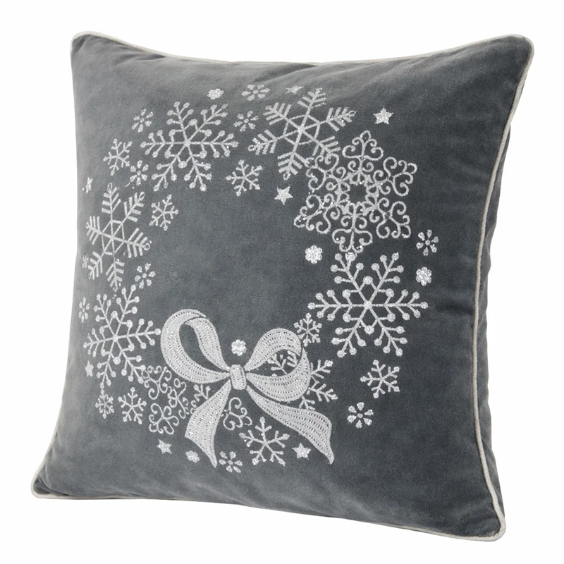 Rola Square Throw Pillow- Snowflake Wreath Embroidery- Gray Velvet 20 Inch