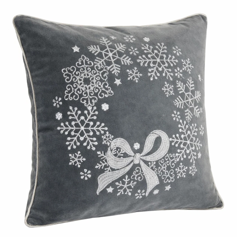 Rola Square Throw Pillow- Snowflake Wreath Embroidery- Gray Velvet 20 Inch