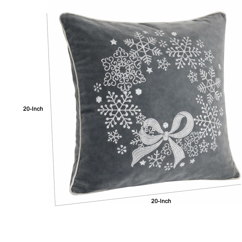 Rola Square Throw Pillow- Snowflake Wreath Embroidery- Gray Velvet 20 Inch