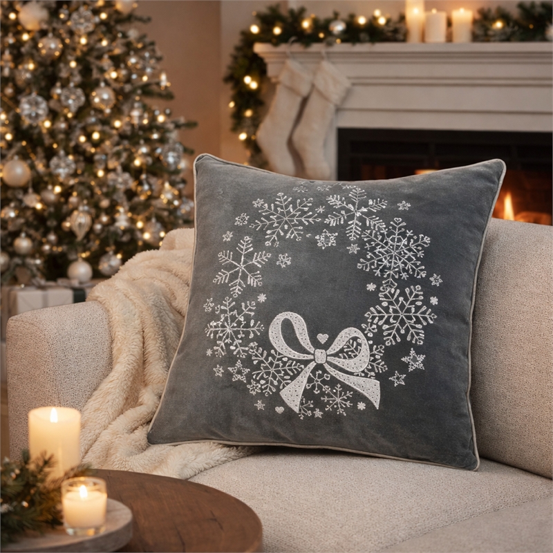 Rola Square Throw Pillow- Snowflake Wreath Embroidery- Gray Velvet 20 Inch