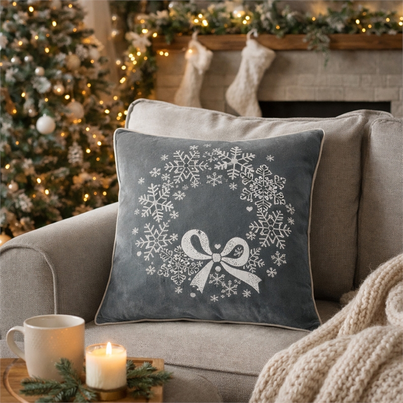 Rola Square Throw Pillow- Snowflake Wreath Embroidery- Gray Velvet 20 Inch