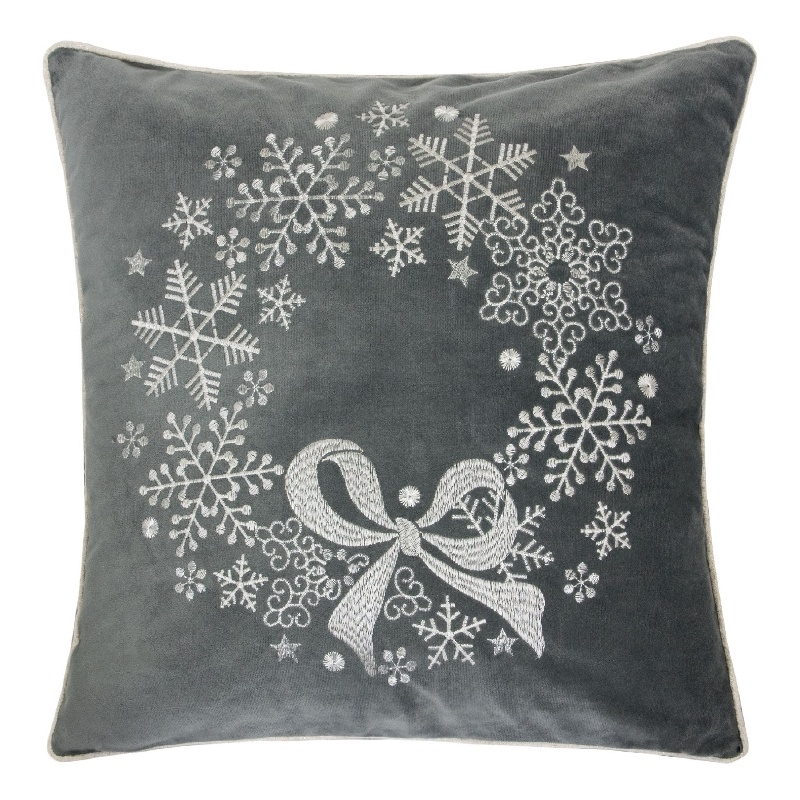 Rola Square Throw Pillow- Snowflake Wreath Embroidery- Gray Velvet 20 Inch