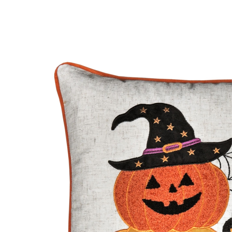 Square Throw Pillow- Cat and Pumpkin Stack- Ivory Linen-Like Fabric 20 Inch