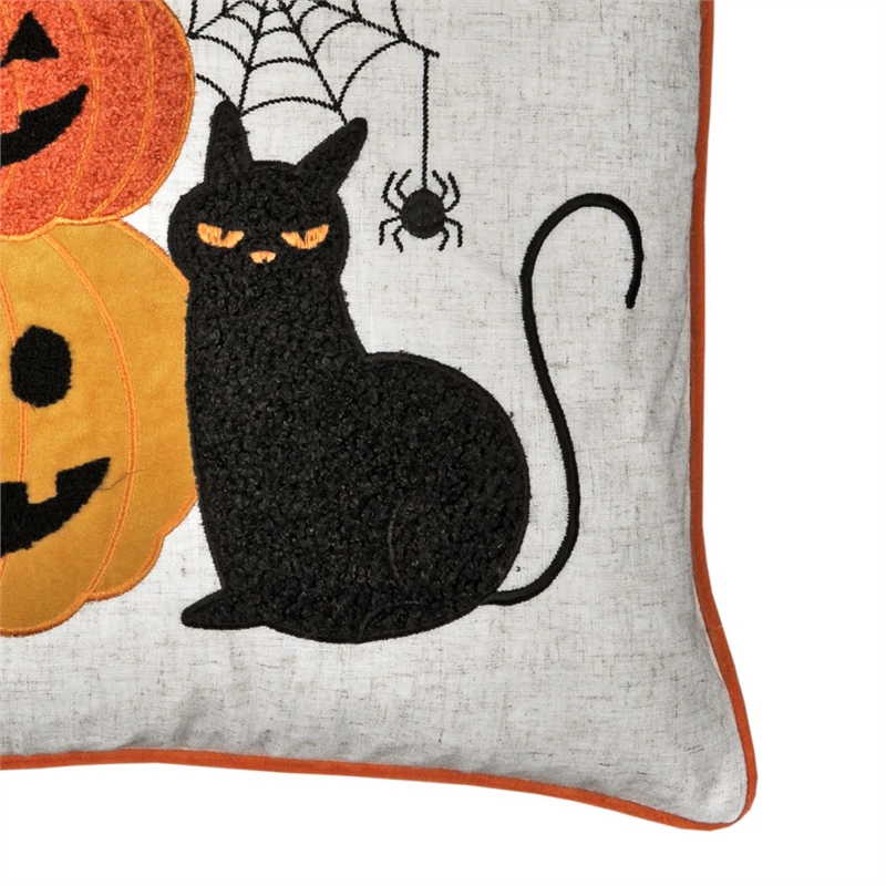 Square Throw Pillow- Cat and Pumpkin Stack- Ivory Linen-Like Fabric 20 Inch