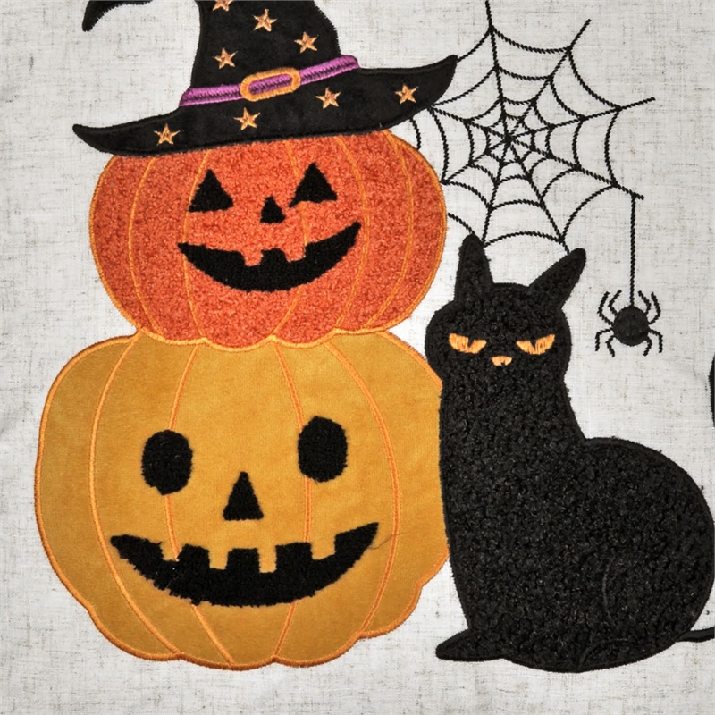 Square Throw Pillow- Cat and Pumpkin Stack- Ivory Linen-Like Fabric 20 Inch