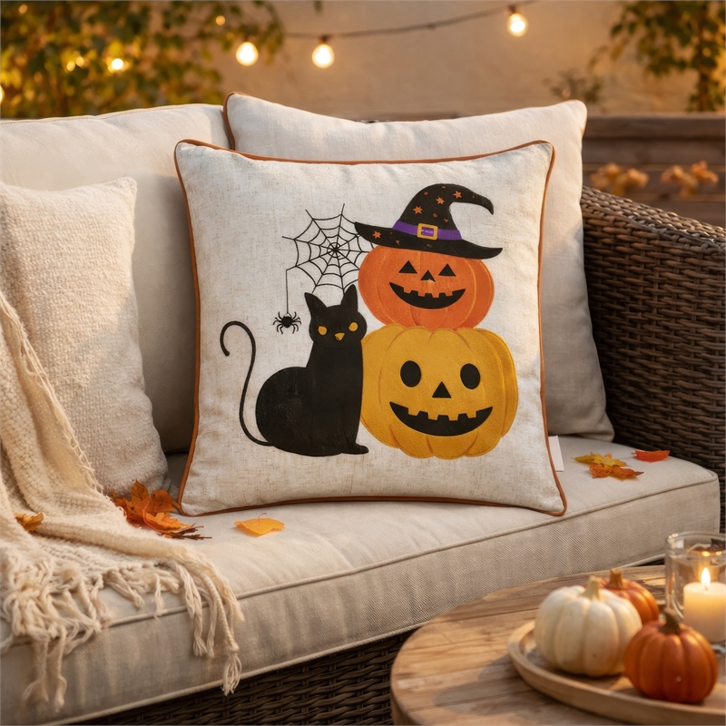 Square Throw Pillow- Cat and Pumpkin Stack- Ivory Linen-Like Fabric 20 Inch