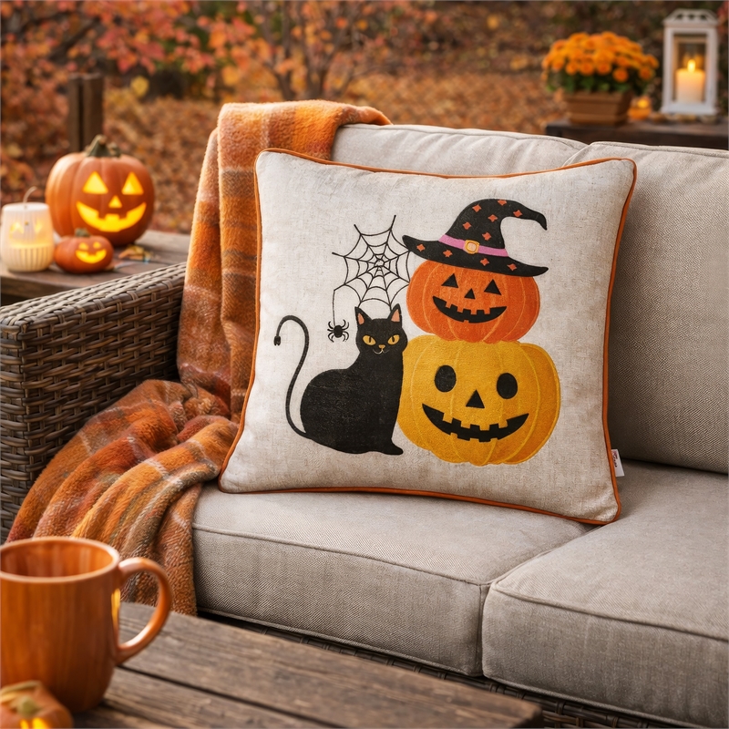 Square Throw Pillow- Cat and Pumpkin Stack- Ivory Linen-Like Fabric 20 Inch