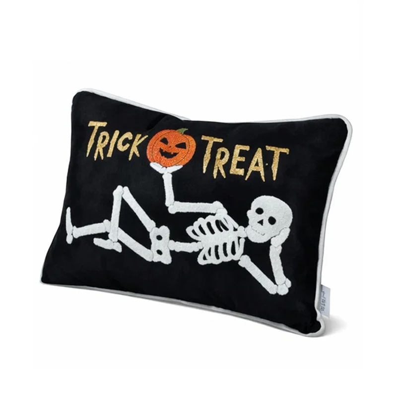 Teya Lumbar Pillow- Skeleton Embroidery- Trick or Treat Black Velvet 14x20