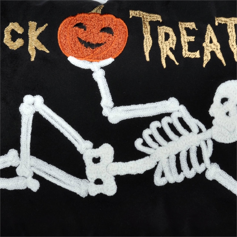 Teya Lumbar Pillow- Skeleton Embroidery- Trick or Treat Black Velvet 14x20