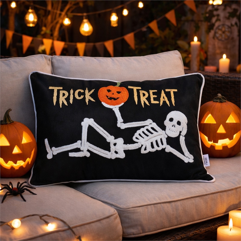 Teya Lumbar Pillow- Skeleton Embroidery- Trick or Treat Black Velvet 14x20