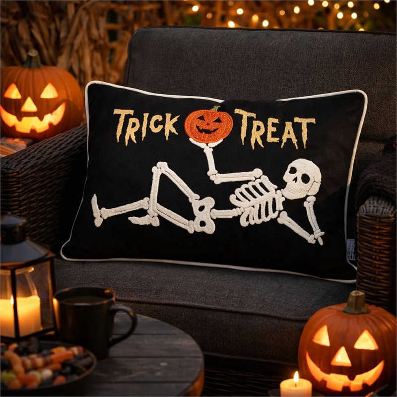 Teya Lumbar Pillow- Skeleton Embroidery- Trick or Treat Black Velvet 14x20