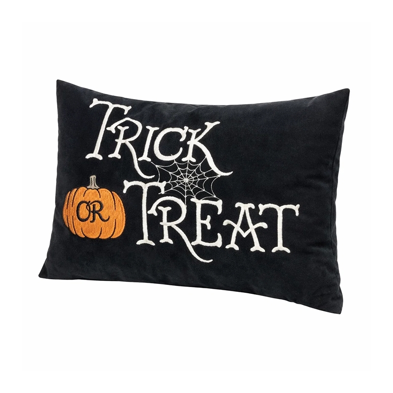 Teya Lumbar Pillow- TRICK OR TREAT Embroidery w Pumpkin- Black Velvet 14x20