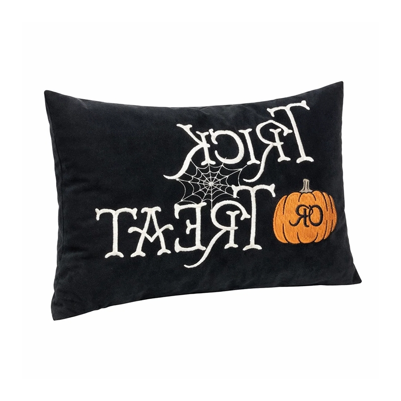 Teya Lumbar Pillow- TRICK OR TREAT Embroidery w Pumpkin- Black Velvet 14x20