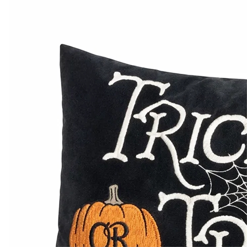 Teya Lumbar Pillow- TRICK OR TREAT Embroidery w Pumpkin- Black Velvet 14x20