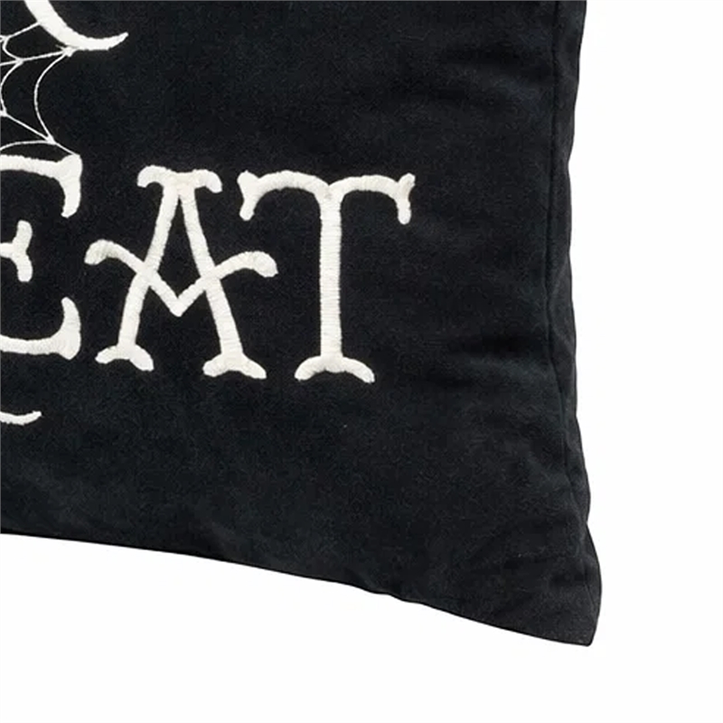 Teya Lumbar Pillow- TRICK OR TREAT Embroidery w Pumpkin- Black Velvet 14x20