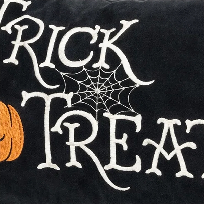 Teya Lumbar Pillow- TRICK OR TREAT Embroidery w Pumpkin- Black Velvet 14x20