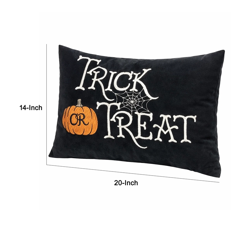 Teya Lumbar Pillow- TRICK OR TREAT Embroidery w Pumpkin- Black Velvet 14x20