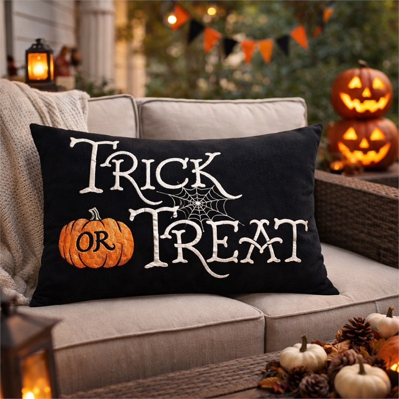 Teya Lumbar Pillow- TRICK OR TREAT Embroidery w Pumpkin- Black Velvet 14x20