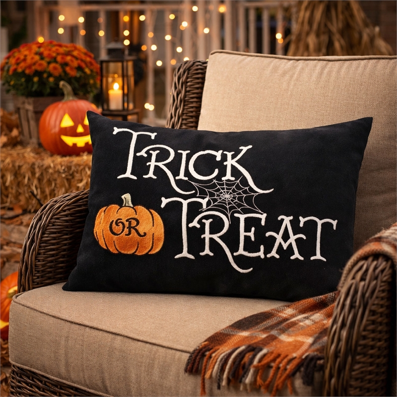 Teya Lumbar Pillow- TRICK OR TREAT Embroidery w Pumpkin- Black Velvet 14x20