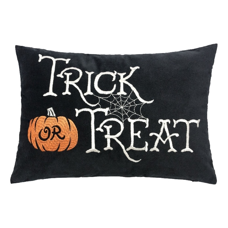 Teya Lumbar Pillow- TRICK OR TREAT Embroidery w Pumpkin- Black Velvet 14x20