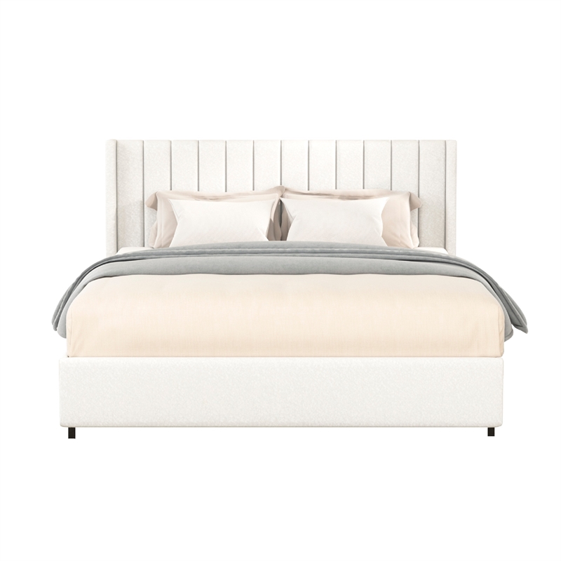 Deny Queen Storage Bed- 4 Drawers- Channel Tufted Ivory Boucle Upholstery