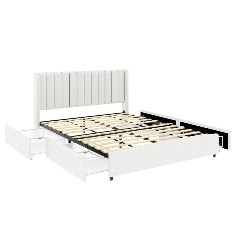 Deny Queen Storage Bed- 4 Drawers- Channel Tufted Ivory Boucle Upholstery