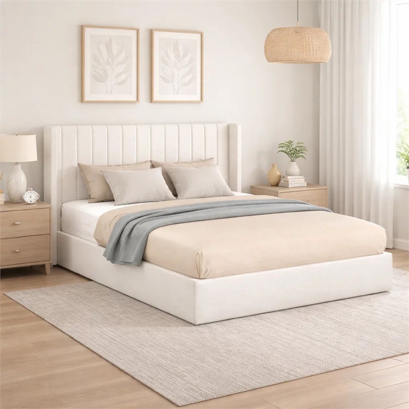 Deny Queen Storage Bed- 4 Drawers- Channel Tufted Ivory Boucle Upholstery
