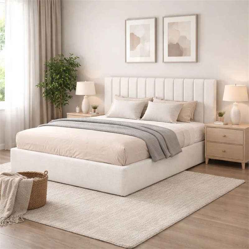 Deny Queen Storage Bed- 4 Drawers- Channel Tufted Ivory Boucle Upholstery