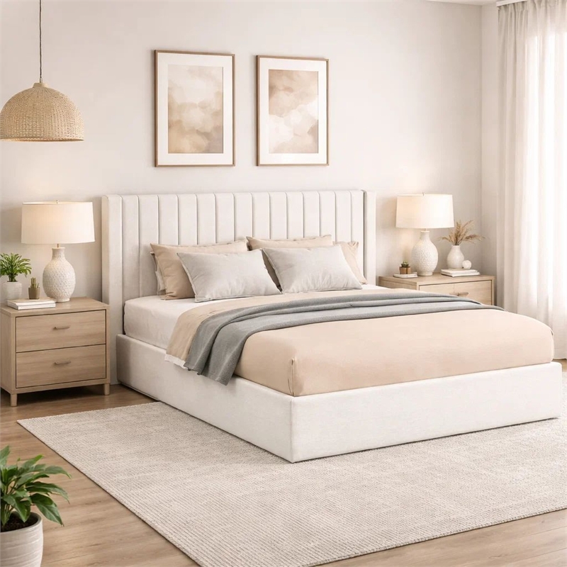 Deny Queen Storage Bed- 4 Drawers- Channel Tufted Ivory Boucle Upholstery