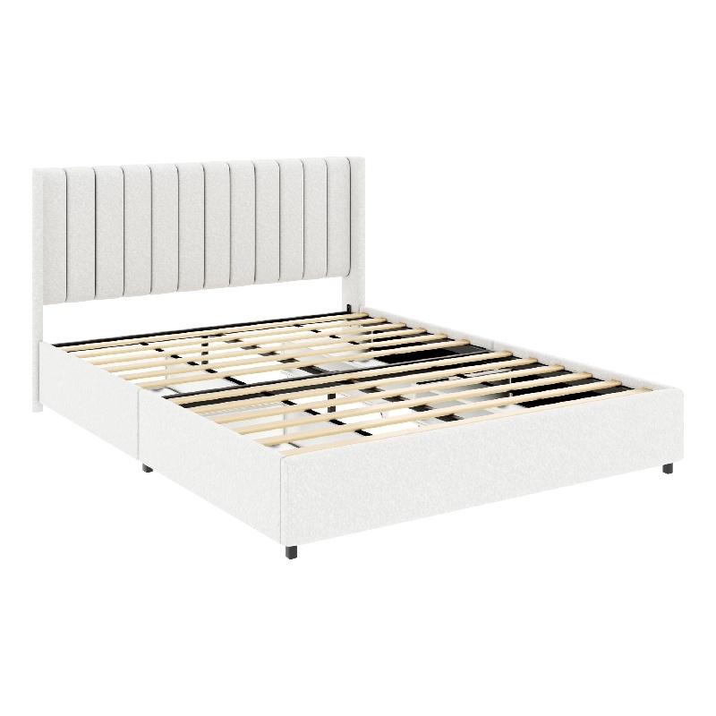 Deny Queen Storage Bed- 4 Drawers- Channel Tufted Ivory Boucle Upholstery