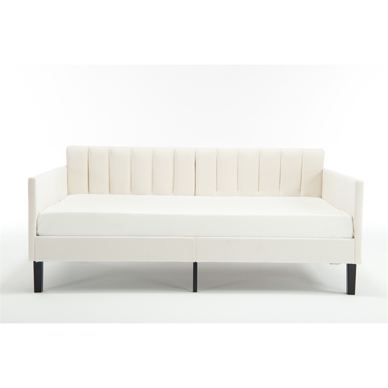 Ely Twin Size Daybed with Tufted Backrest- Ribbed Beige Velvet Upholstery