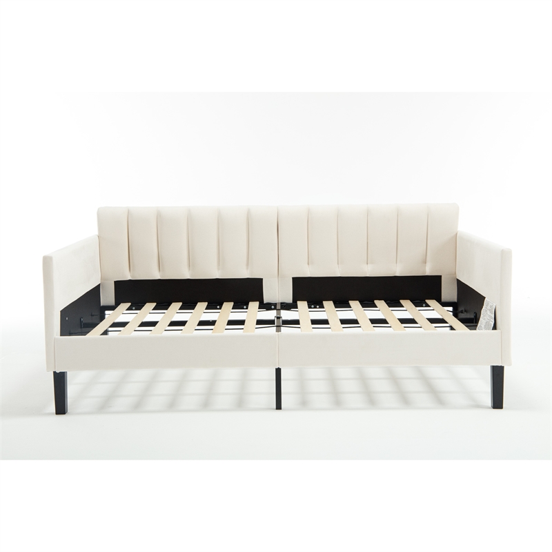 Ely Twin Size Daybed with Tufted Backrest- Ribbed Beige Velvet Upholstery