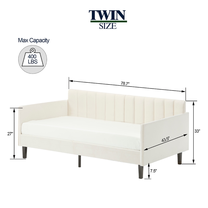 Ely Twin Size Daybed with Tufted Backrest- Ribbed Beige Velvet Upholstery