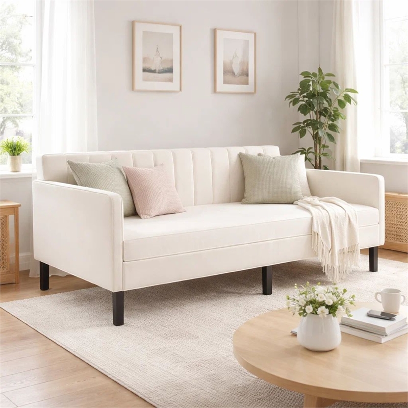 Ely Twin Size Daybed with Tufted Backrest- Ribbed Beige Velvet Upholstery