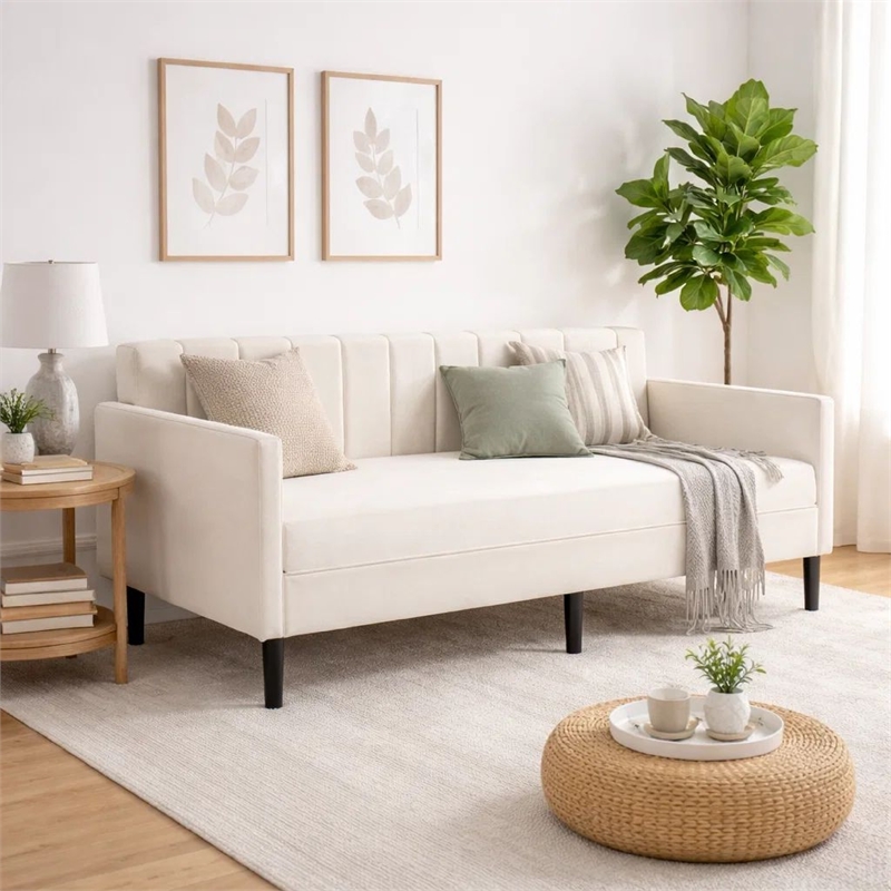 Ely Twin Size Daybed with Tufted Backrest- Ribbed Beige Velvet Upholstery