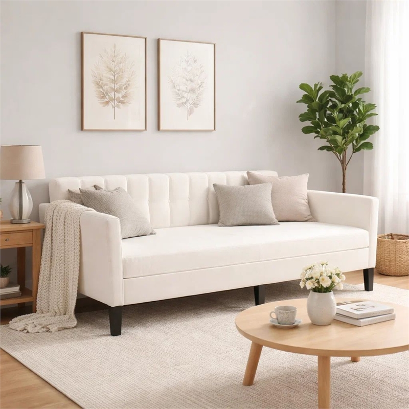 Ely Twin Size Daybed with Tufted Backrest- Ribbed Beige Velvet Upholstery