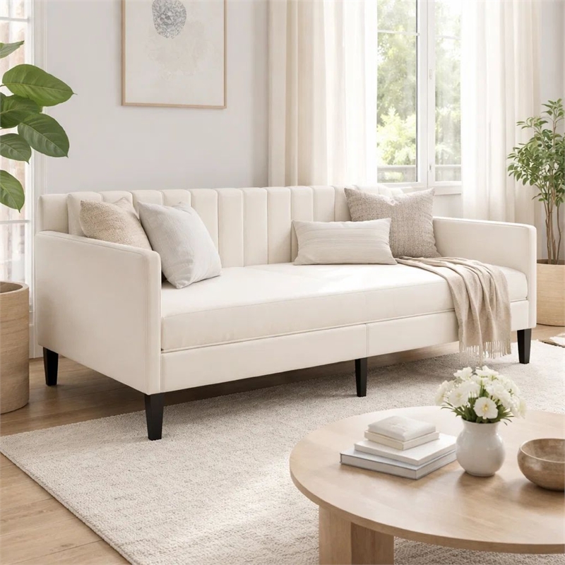 Ely Twin Size Daybed with Tufted Backrest- Ribbed Beige Velvet Upholstery