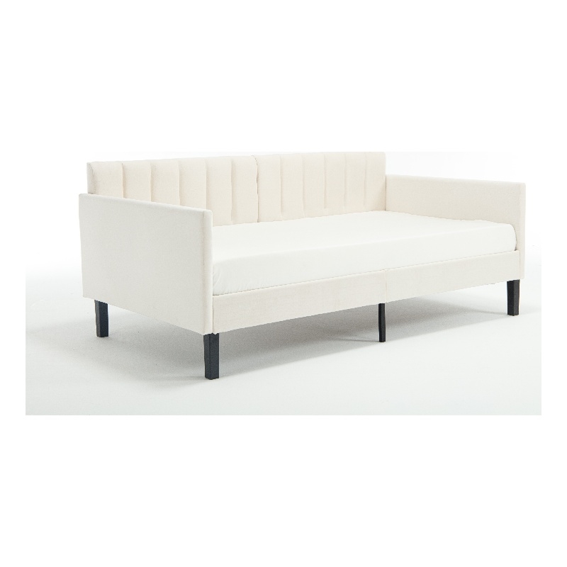 Ely Twin Size Daybed with Tufted Backrest- Ribbed Beige Velvet Upholstery