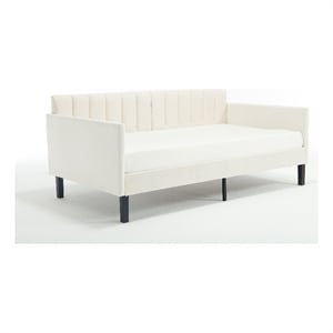 Ely Twin Size Daybed with Tufted Backrest- Ribbed Beige Velvet Upholstery
