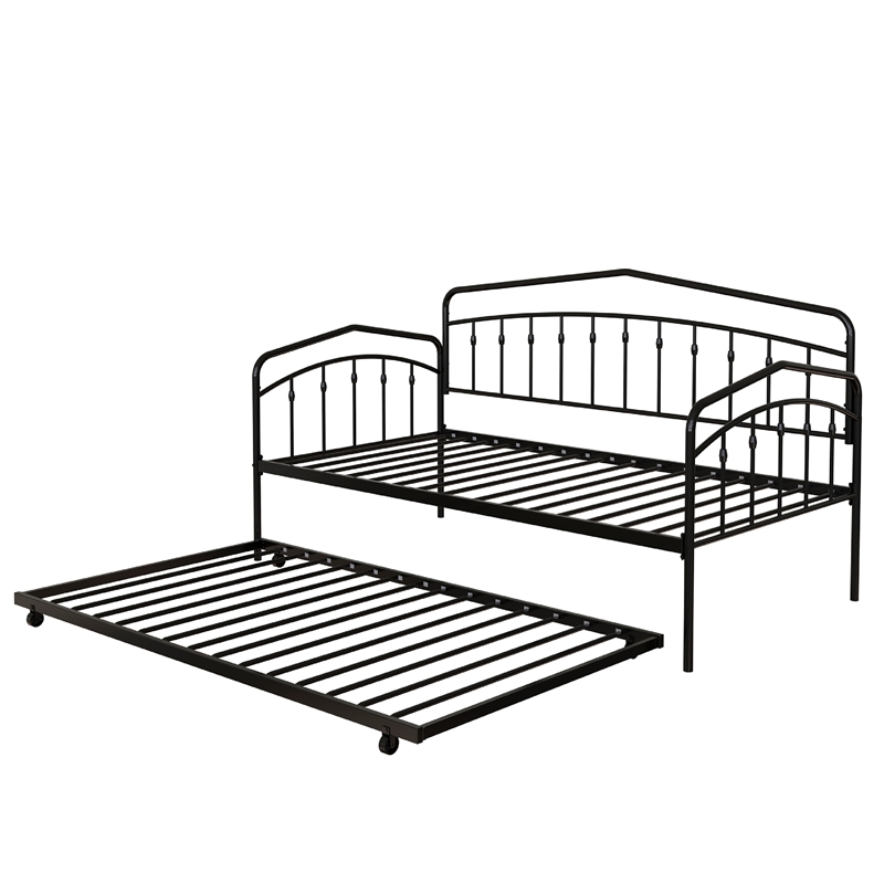 Fea Twin Size Daybed with Pull Out Twin Trundle- Black Metal Frame