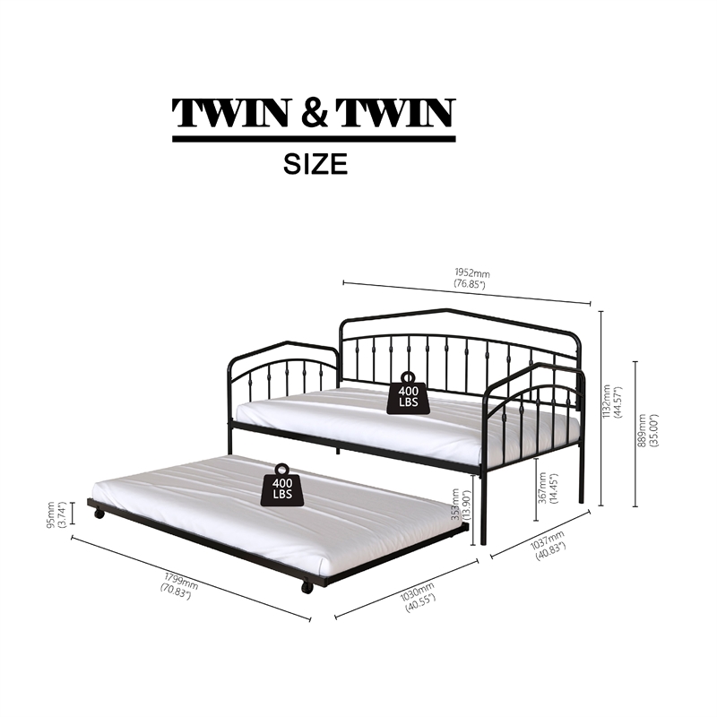 Fea Twin Size Daybed with Pull Out Twin Trundle- Black Metal Frame