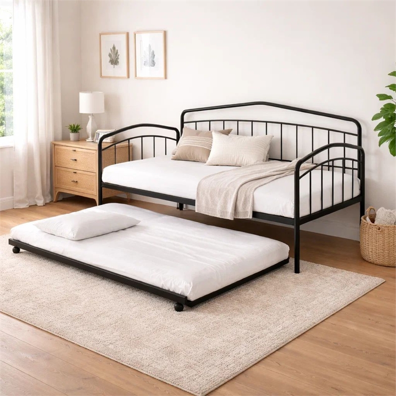Fea Twin Size Daybed with Pull Out Twin Trundle- Black Metal Frame