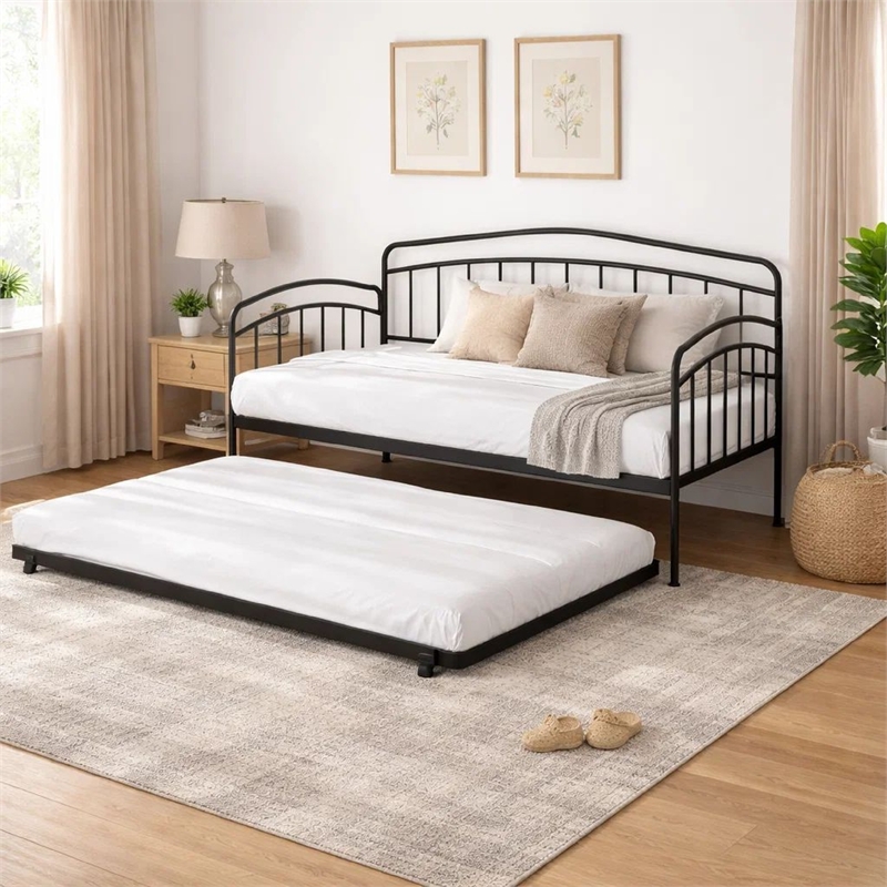 Fea Twin Size Daybed with Pull Out Twin Trundle- Black Metal Frame