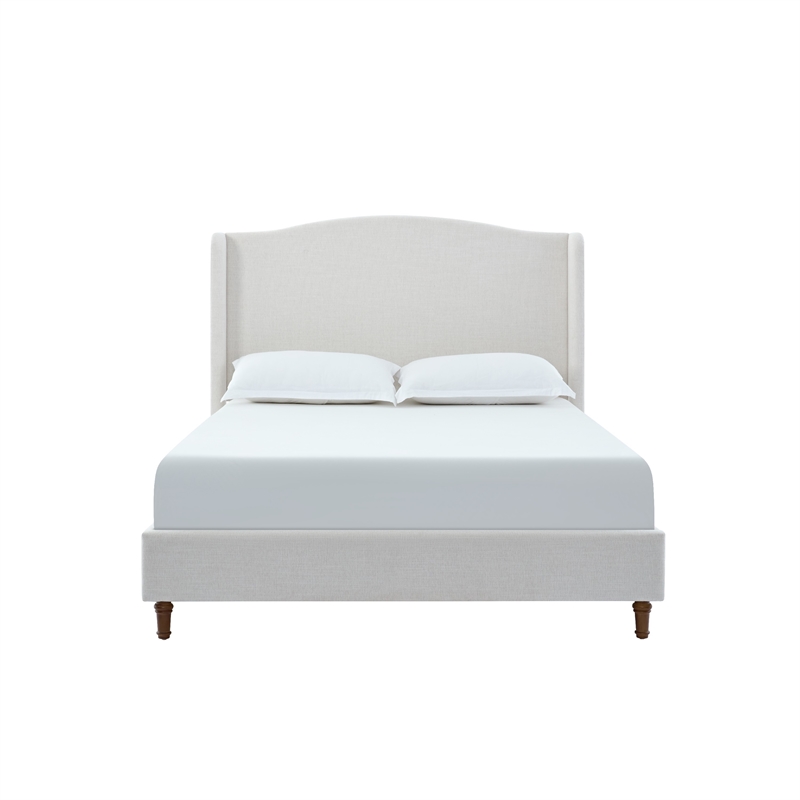 Heny King Size Bed with Wingback Tall Headboard- Ivory Fabric Upholstery