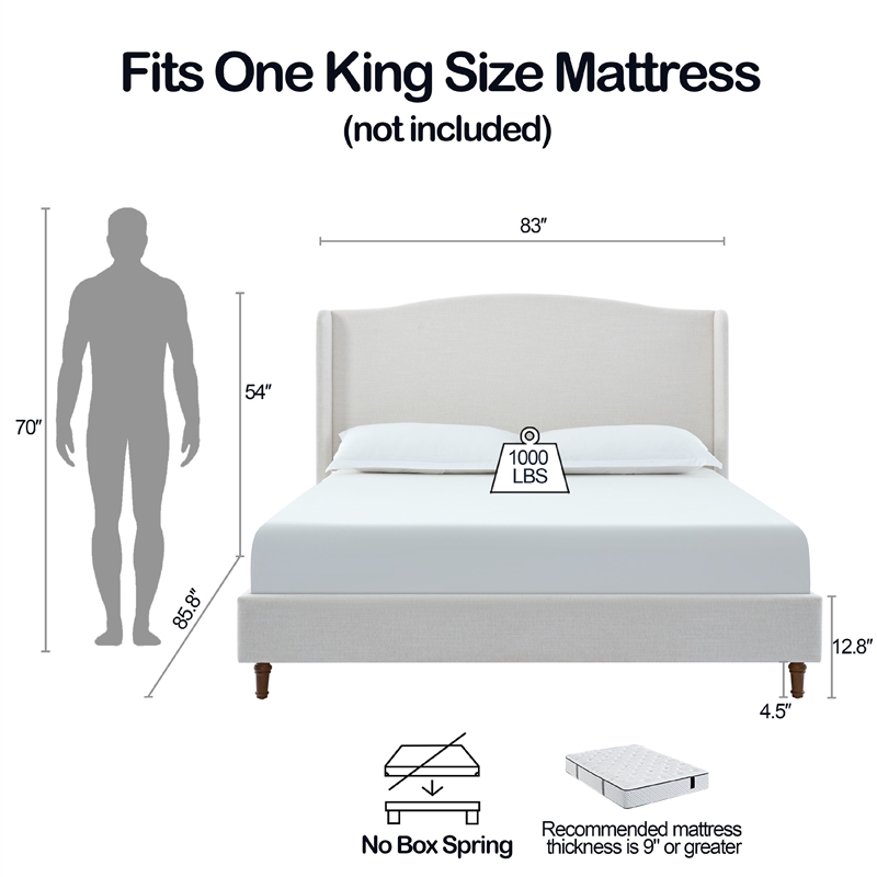 Heny King Size Bed with Wingback Tall Headboard- Ivory Fabric Upholstery