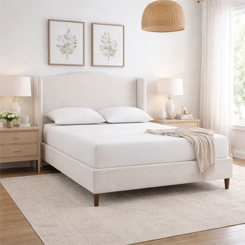 Heny King Size Bed with Wingback Tall Headboard- Ivory Fabric Upholstery