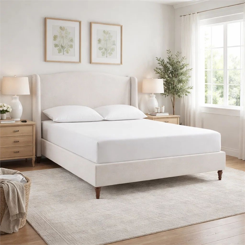 Heny King Size Bed with Wingback Tall Headboard- Ivory Fabric Upholstery