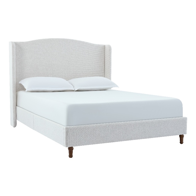 Heny King Size Bed with Wingback Tall Headboard- Ivory Fabric Upholstery