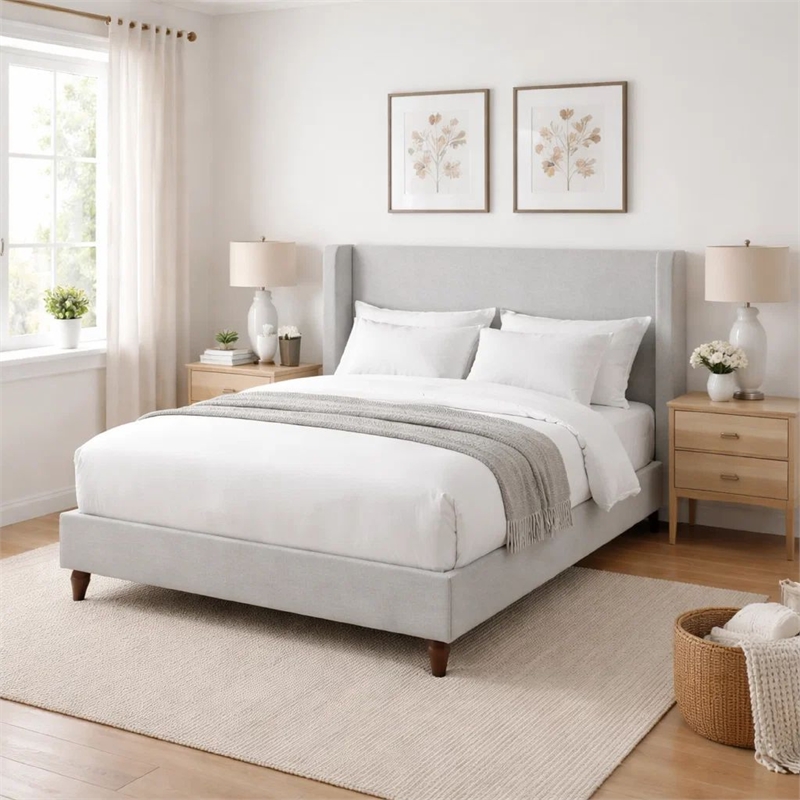 Heny Queen Size Bed with Wingback Tall Headboard- Ivory Fabric Upholstery