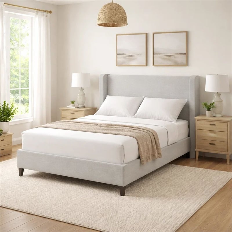 Heny Queen Size Bed with Wingback Tall Headboard- Ivory Fabric Upholstery